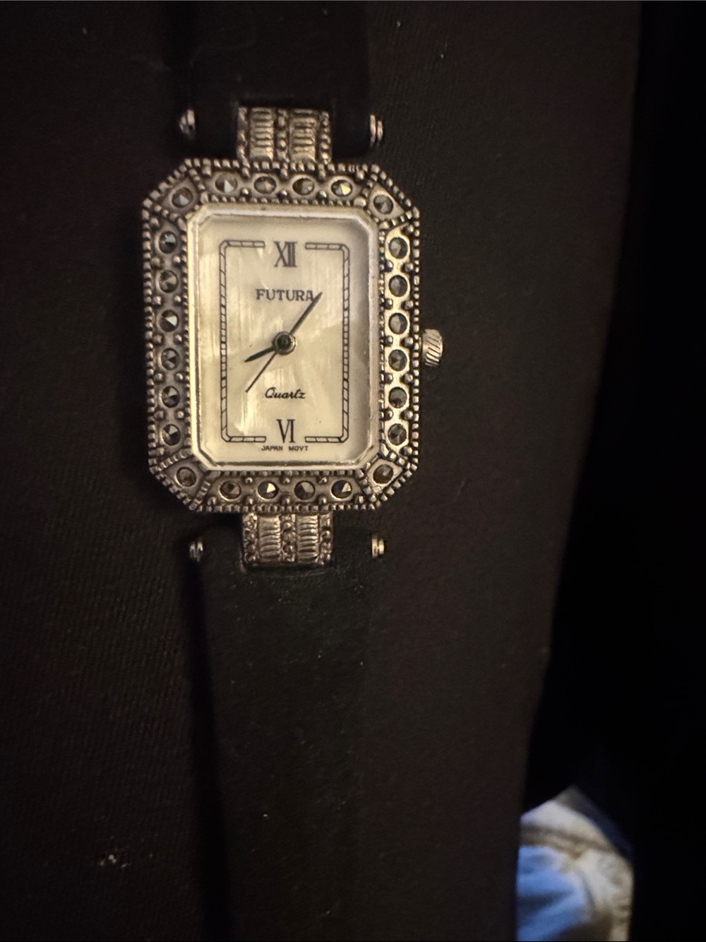 Futura Women' Silver Marcasite art deco Rectangular Watch Black Strap new in box